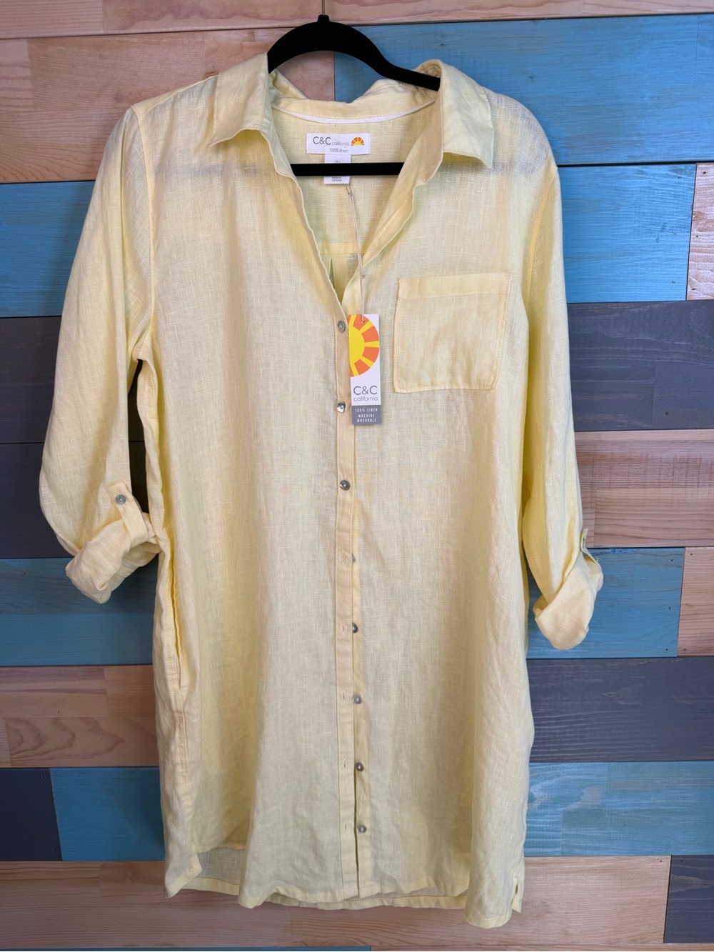 C&C California 100% Linen Pale Yellow Linen Button-Down Shirt Dress Pockets